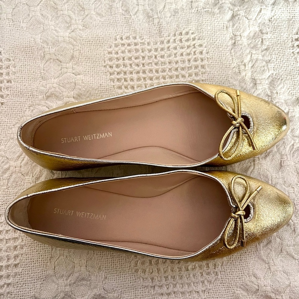 Stuart Weitzman Gabby Bow Flats Gold Silver Metallic Pointed Toe Comfortable - Picture 6 of 10